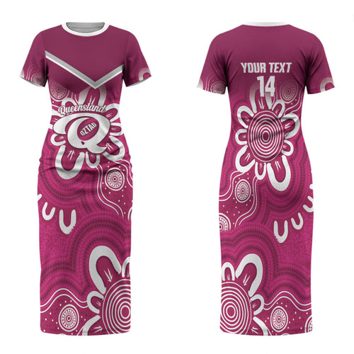 Queensland Oztag Custom Family Matching Short Sleeve Bodycon Dress and Hawaiian Shirt QLD Indigenous Art