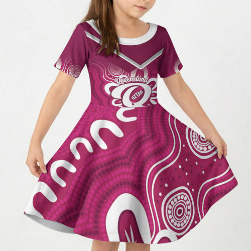 Queensland Oztag Custom Kid Short Sleeve Dress QLD Indigenous Art