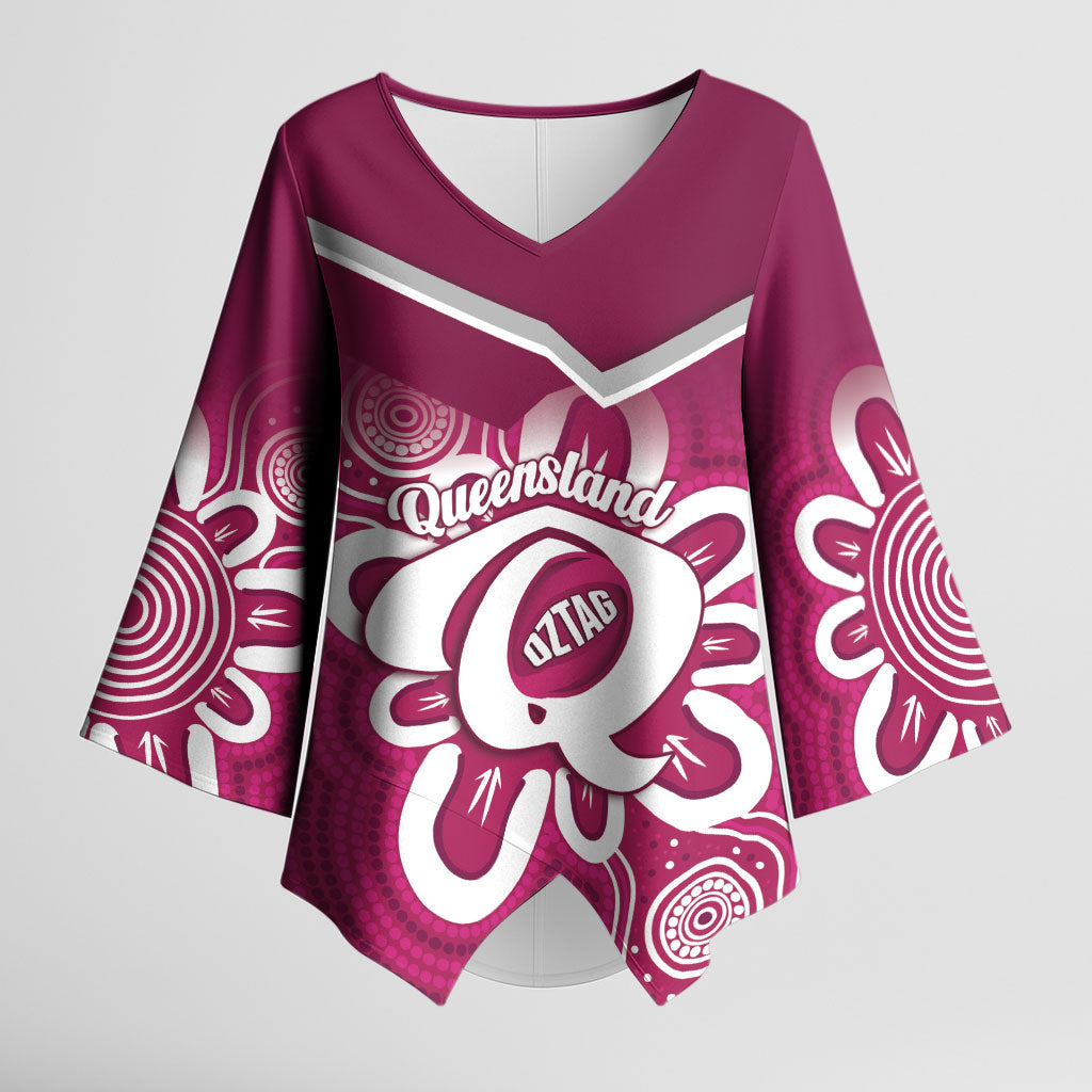 Queensland Oztag Custom Kimono Sleeve Blouse QLD Indigenous Art