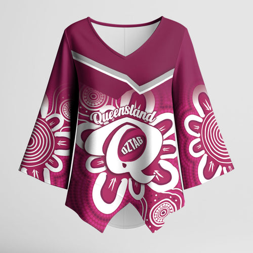 Queensland Oztag Custom Kimono Sleeve Blouse QLD Indigenous Art