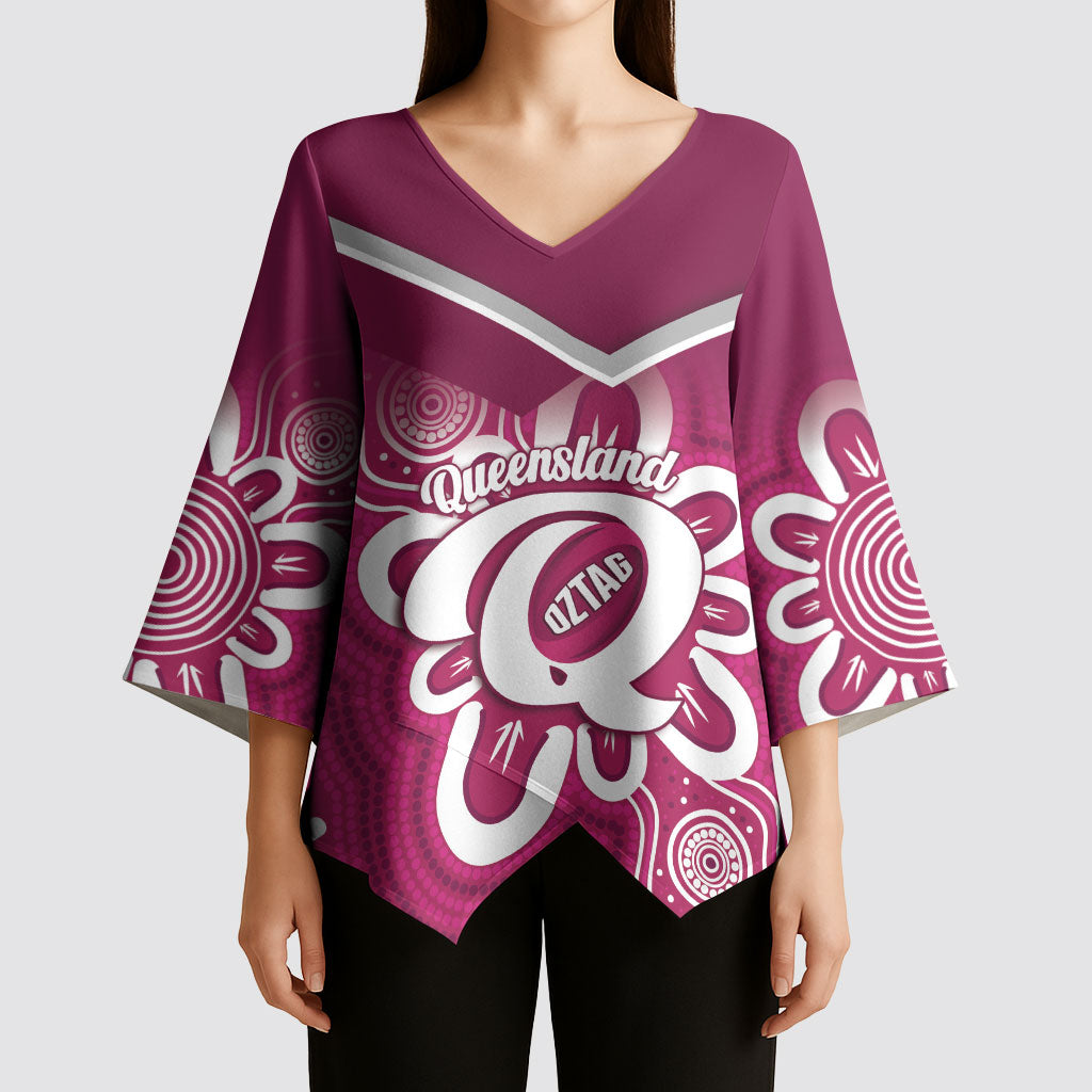 Queensland Oztag Custom Kimono Sleeve Blouse QLD Indigenous Art