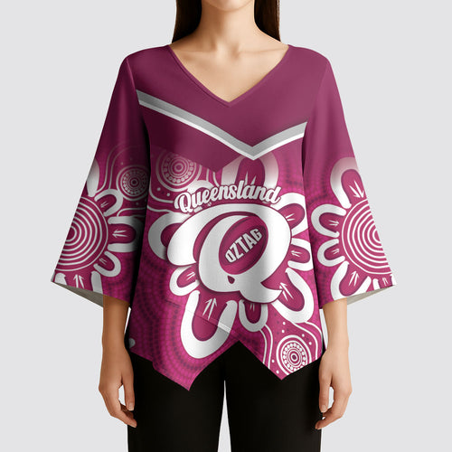 Queensland Oztag Custom Kimono Sleeve Blouse QLD Indigenous Art