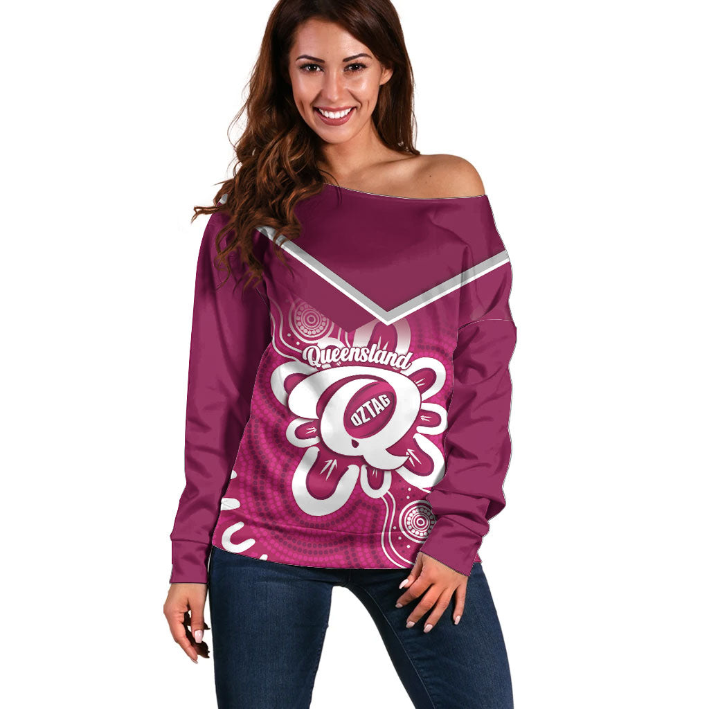 Queensland Oztag Custom Off Shoulder Sweater QLD Indigenous Art