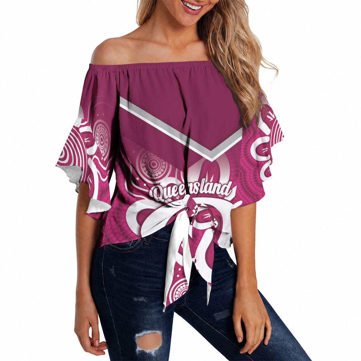 Queensland Oztag Custom Off Shoulder Wrap Waist Top QLD Indigenous Art