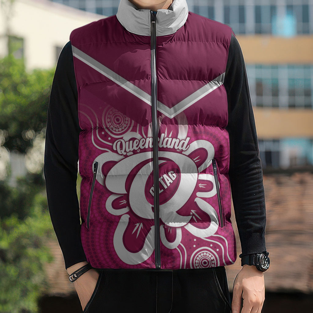 Queensland Oztag Custom Sleeveless Puffer Jacket QLD Indigenous Art