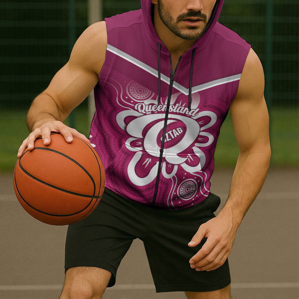 Queensland Oztag Custom Sleeveless Zip Hoodie QLD Indigenous Art
