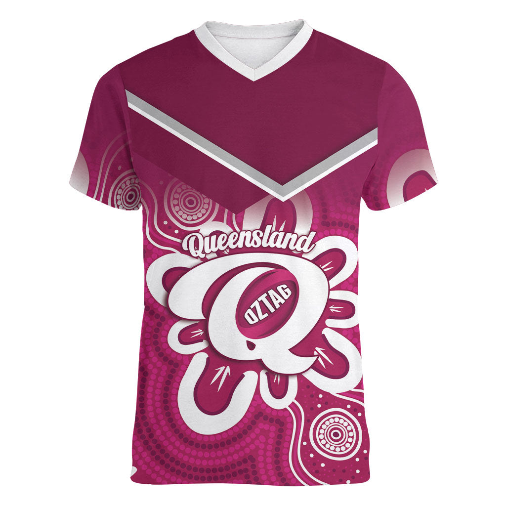 Queensland Oztag Custom Women V-Neck T-Shirt QLD Indigenous Art