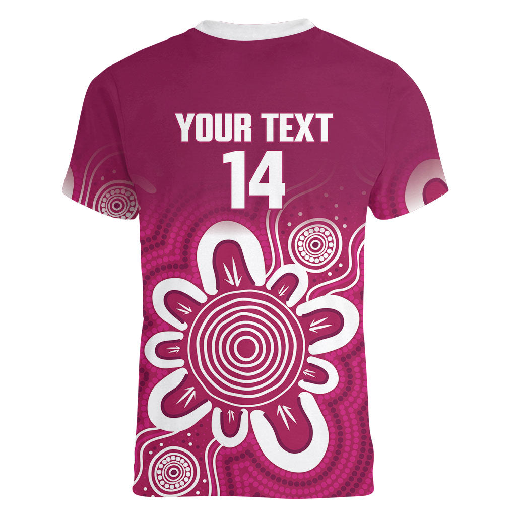 Queensland Oztag Custom Women V-Neck T-Shirt QLD Indigenous Art