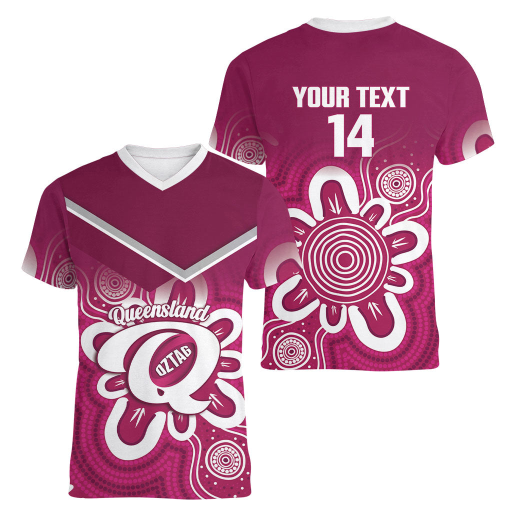 Queensland Oztag Custom Women V-Neck T-Shirt QLD Indigenous Art
