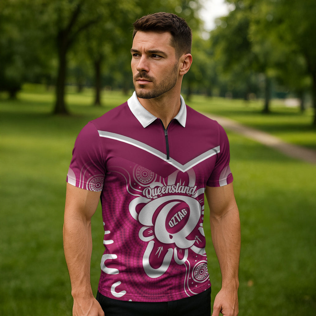 Queensland Oztag Custom Zipper Polo Shirt QLD Indigenous Art