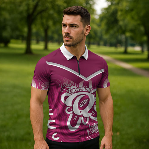 Queensland Oztag Custom Zipper Polo Shirt QLD Indigenous Art