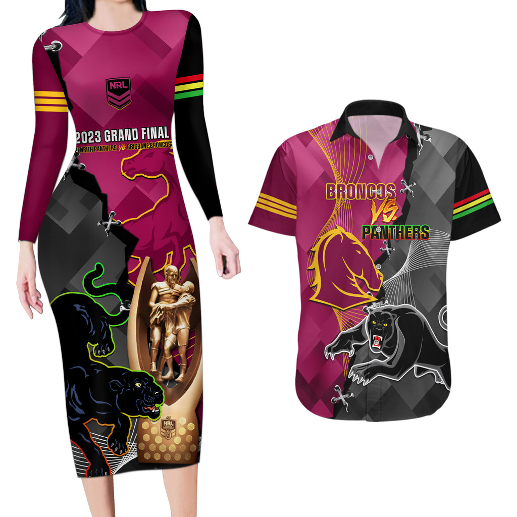 panthers-and-broncos-rugby-couples-matching-long-sleeve-bodycon-dress-and-hawaiian-shirt-2023-grand-final-penrith-brisbane-together