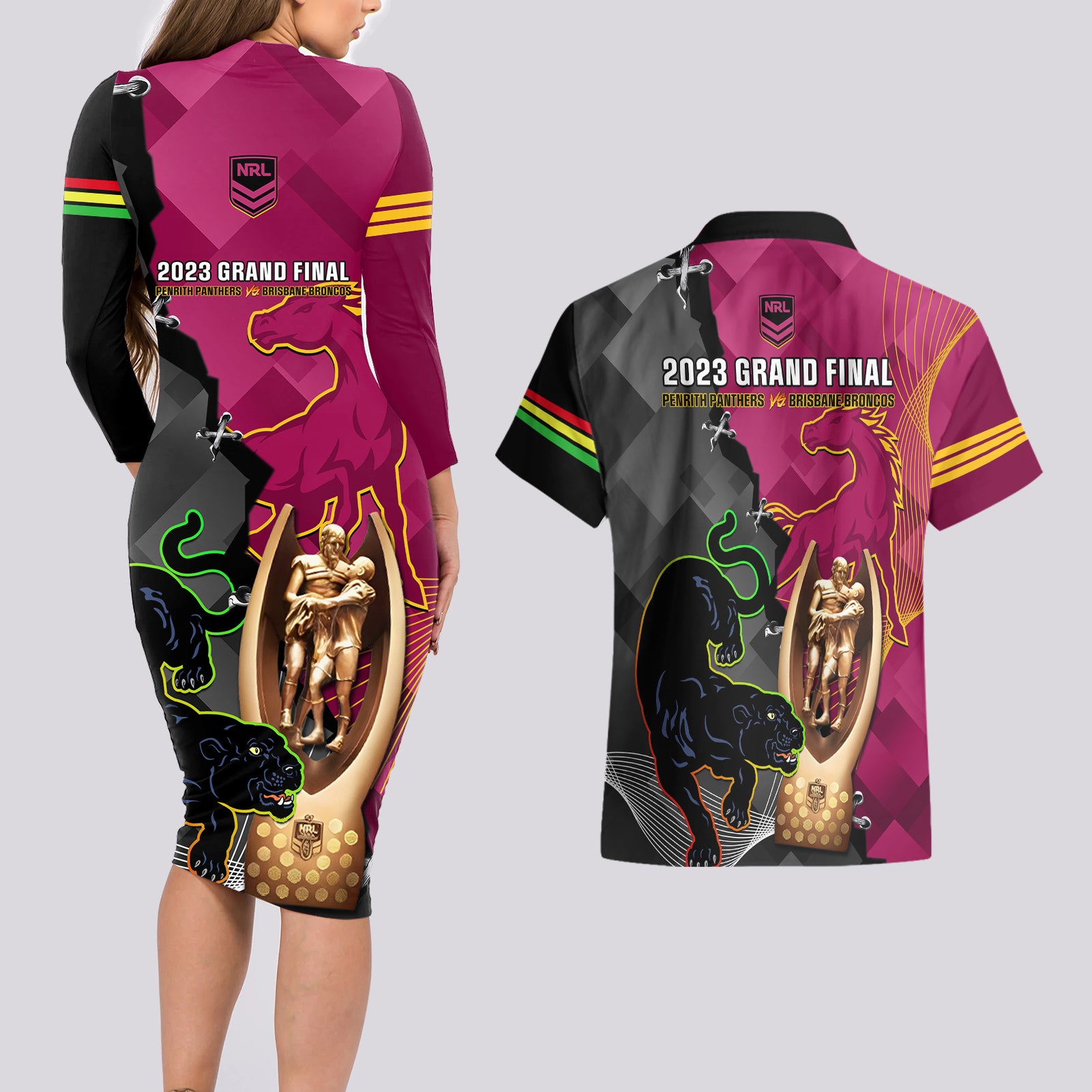 panthers-and-broncos-rugby-couples-matching-long-sleeve-bodycon-dress-and-hawaiian-shirt-2023-grand-final-penrith-brisbane-together