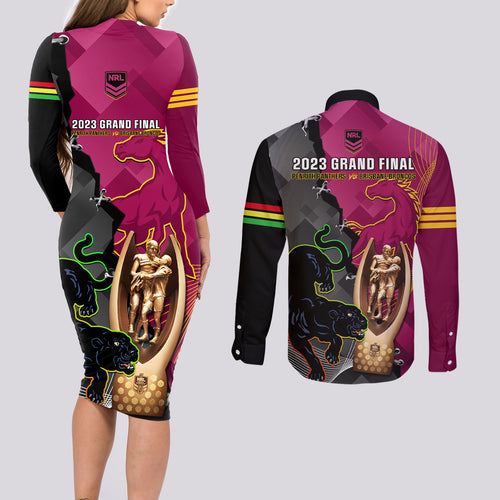 panthers-and-broncos-rugby-couples-matching-long-sleeve-bodycon-dress-and-long-sleeve-button-shirts-2023-grand-final-penrith-brisbane-together