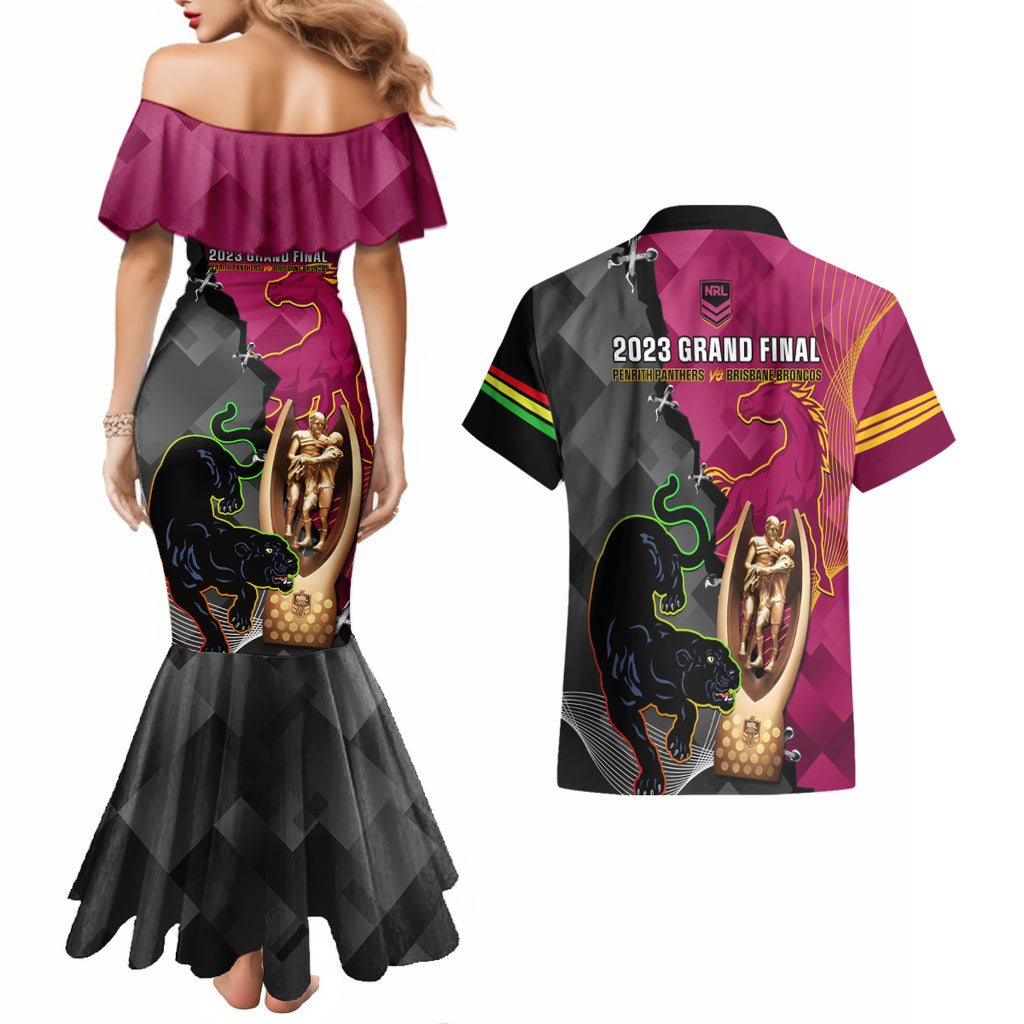 panthers-and-broncos-rugby-couples-matching-mermaid-dress-and-hawaiian-shirt-2023-grand-final-penrith-brisbane-together