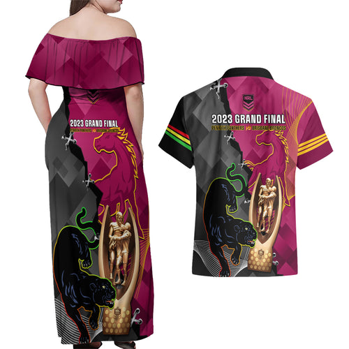 panthers-and-broncos-rugby-couples-matching-off-shoulder-maxi-dress-and-hawaiian-shirt-2023-grand-final-penrith-brisbane-together