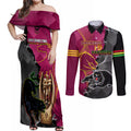 panthers-and-broncos-rugby-couples-matching-off-shoulder-maxi-dress-and-long-sleeve-button-shirts-2023-grand-final-penrith-brisbane-together