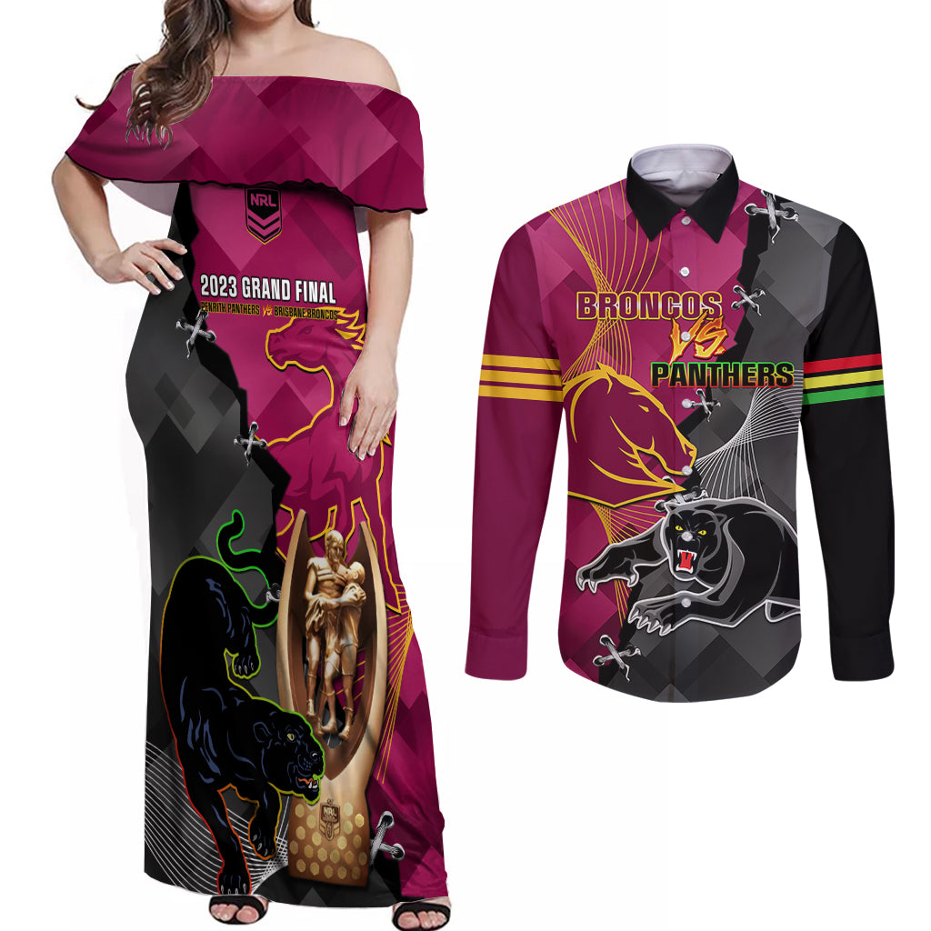 panthers-and-broncos-rugby-couples-matching-off-shoulder-maxi-dress-and-long-sleeve-button-shirts-2023-grand-final-penrith-brisbane-together