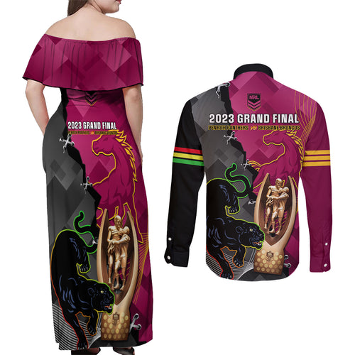 panthers-and-broncos-rugby-couples-matching-off-shoulder-maxi-dress-and-long-sleeve-button-shirts-2023-grand-final-penrith-brisbane-together