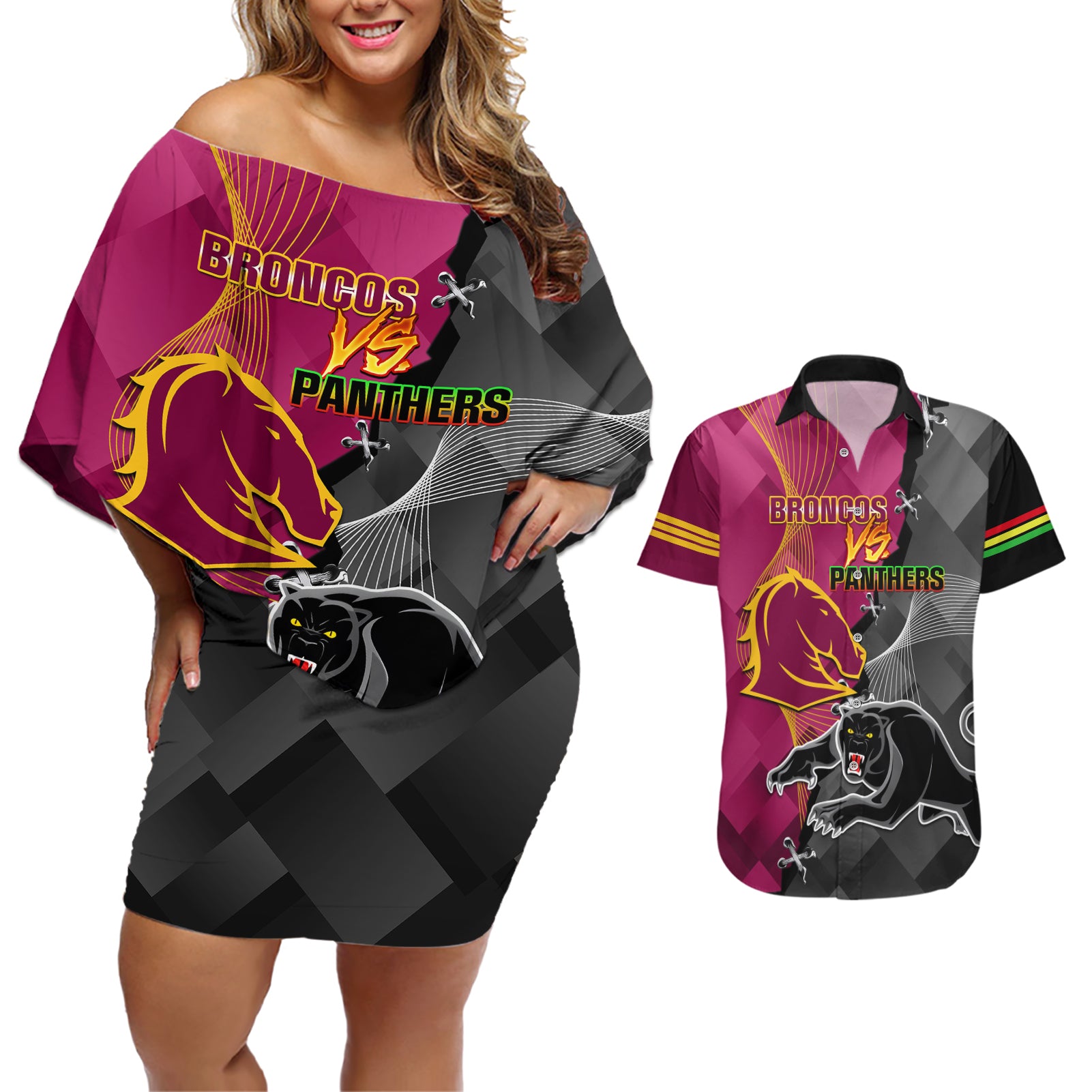 panthers-and-broncos-rugby-couples-matching-off-shoulder-short-dress-and-hawaiian-shirt-2023-grand-final-penrith-brisbane-together