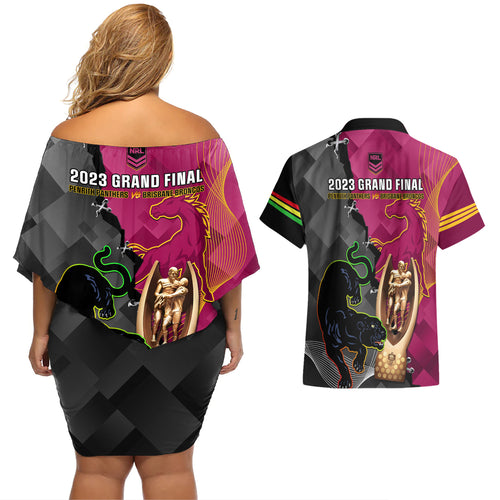 panthers-and-broncos-rugby-couples-matching-off-shoulder-short-dress-and-hawaiian-shirt-2023-grand-final-penrith-brisbane-together