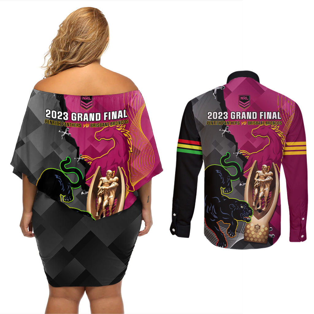 panthers-and-broncos-rugby-couples-matching-off-shoulder-short-dress-and-long-sleeve-button-shirts-2023-grand-final-penrith-brisbane-together