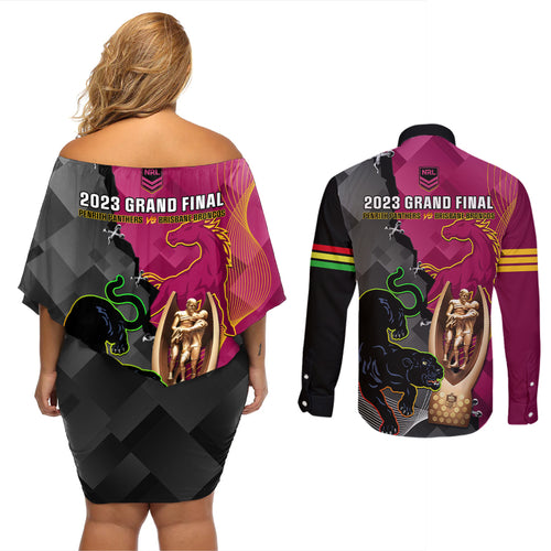 panthers-and-broncos-rugby-couples-matching-off-shoulder-short-dress-and-long-sleeve-button-shirts-2023-grand-final-penrith-brisbane-together