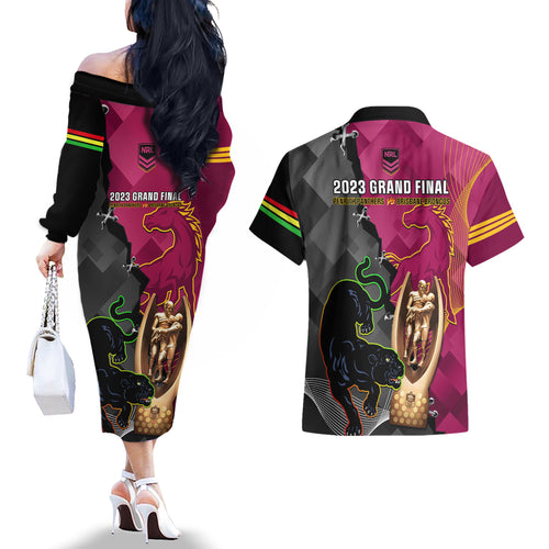 panthers-and-broncos-rugby-couples-matching-off-the-shoulder-long-sleeve-dress-and-hawaiian-shirt-2023-grand-final-penrith-brisbane-together