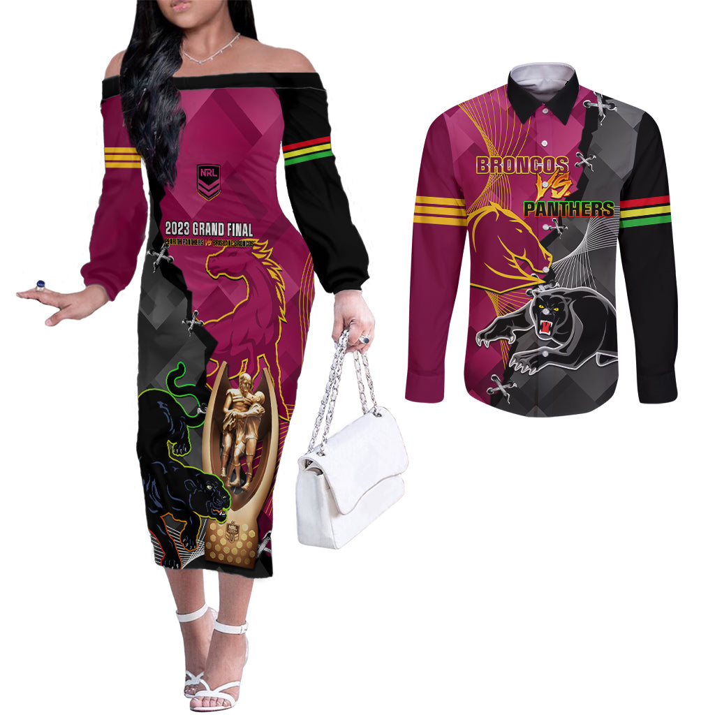 panthers-and-broncos-rugby-couples-matching-off-the-shoulder-long-sleeve-dress-and-long-sleeve-button-shirts-2023-grand-final-penrith-brisbane-together