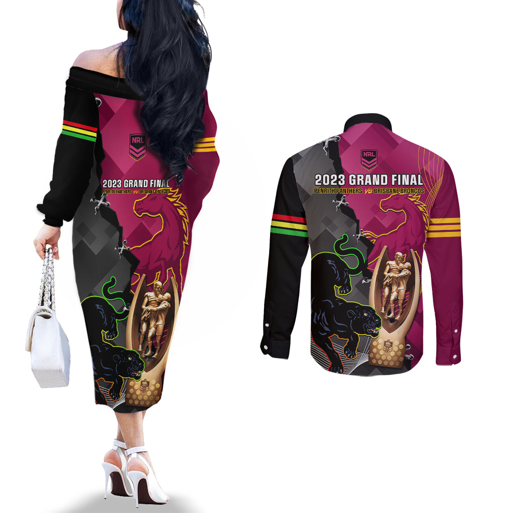 panthers-and-broncos-rugby-couples-matching-off-the-shoulder-long-sleeve-dress-and-long-sleeve-button-shirts-2023-grand-final-penrith-brisbane-together