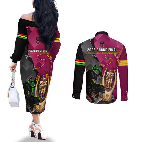 panthers-and-broncos-rugby-couples-matching-off-the-shoulder-long-sleeve-dress-and-long-sleeve-button-shirts-2023-grand-final-penrith-brisbane-together