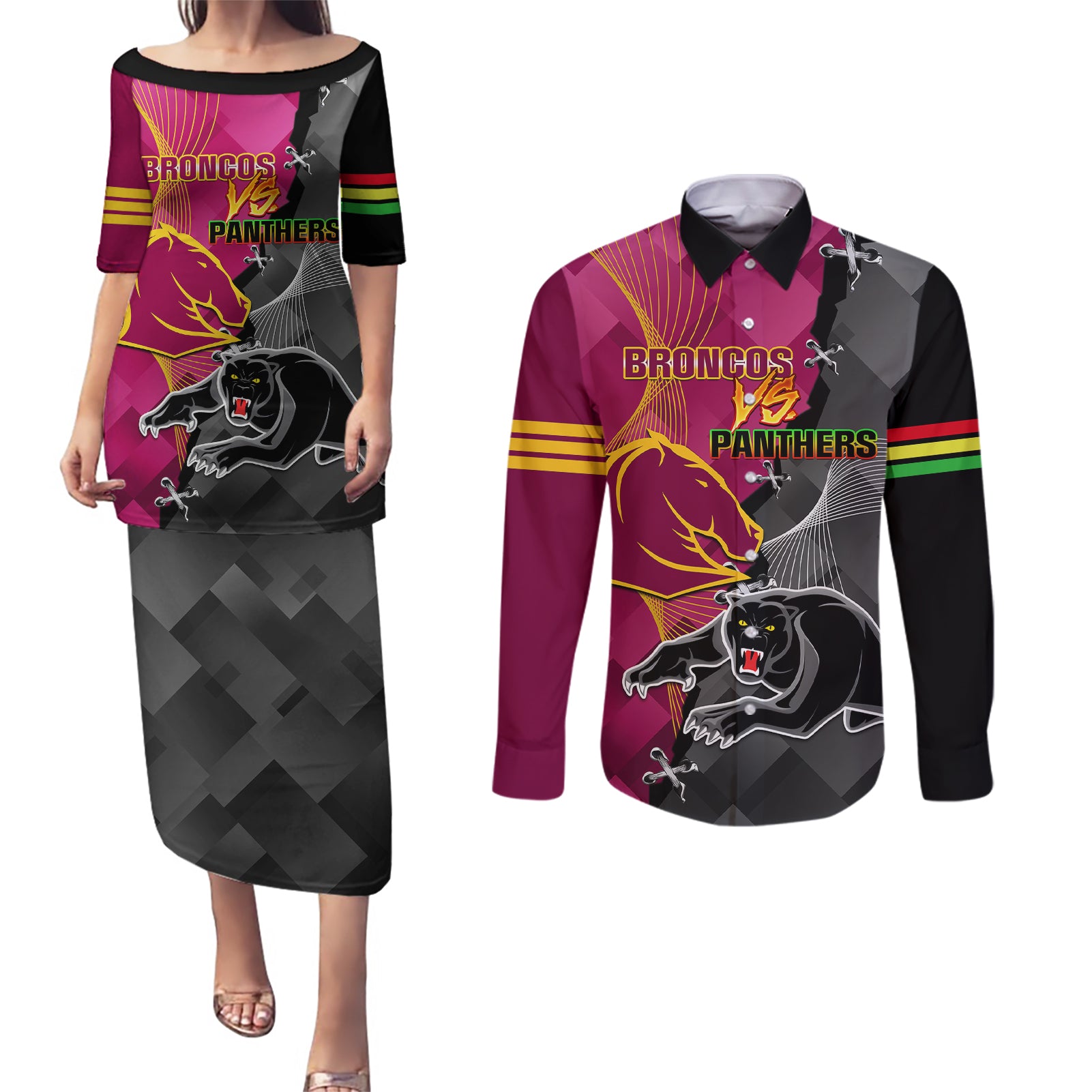 panthers-and-broncos-rugby-couples-matching-puletasi-dress-and-long-sleeve-button-shirts-2023-grand-final-penrith-brisbane-together