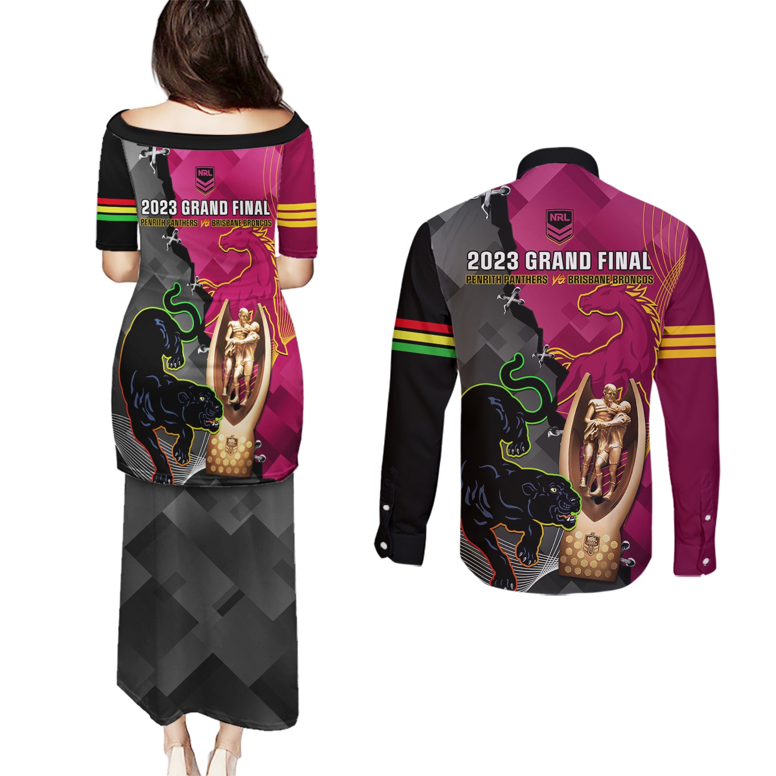 panthers-and-broncos-rugby-couples-matching-puletasi-dress-and-long-sleeve-button-shirts-2023-grand-final-penrith-brisbane-together