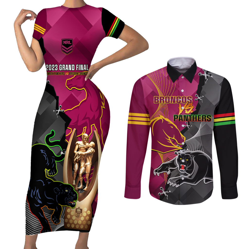 panthers-and-broncos-rugby-couples-matching-short-sleeve-bodycon-dress-and-long-sleeve-button-shirts-2023-grand-final-penrith-brisbane-together