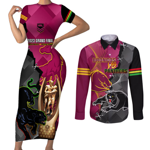 panthers-and-broncos-rugby-couples-matching-short-sleeve-bodycon-dress-and-long-sleeve-button-shirts-2023-grand-final-penrith-brisbane-together