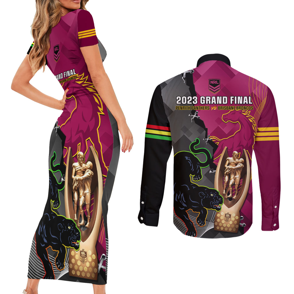panthers-and-broncos-rugby-couples-matching-short-sleeve-bodycon-dress-and-long-sleeve-button-shirts-2023-grand-final-penrith-brisbane-together