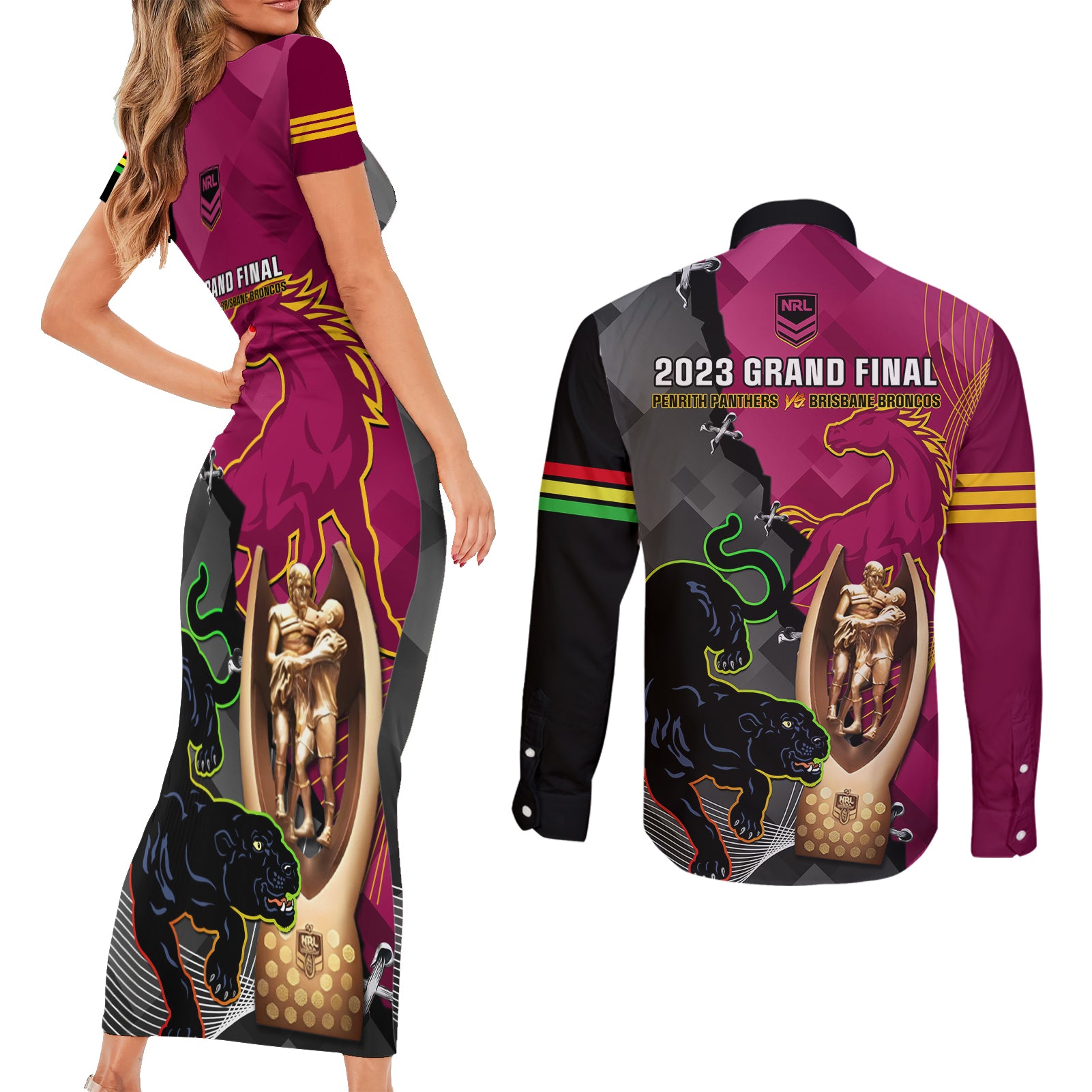 panthers-and-broncos-rugby-couples-matching-short-sleeve-bodycon-dress-and-long-sleeve-button-shirts-2023-grand-final-penrith-brisbane-together