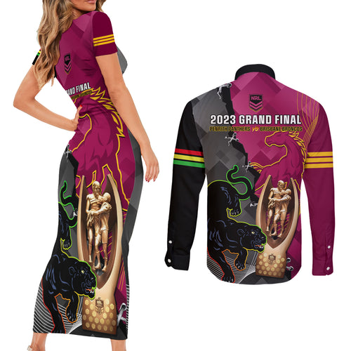 panthers-and-broncos-rugby-couples-matching-short-sleeve-bodycon-dress-and-long-sleeve-button-shirts-2023-grand-final-penrith-brisbane-together