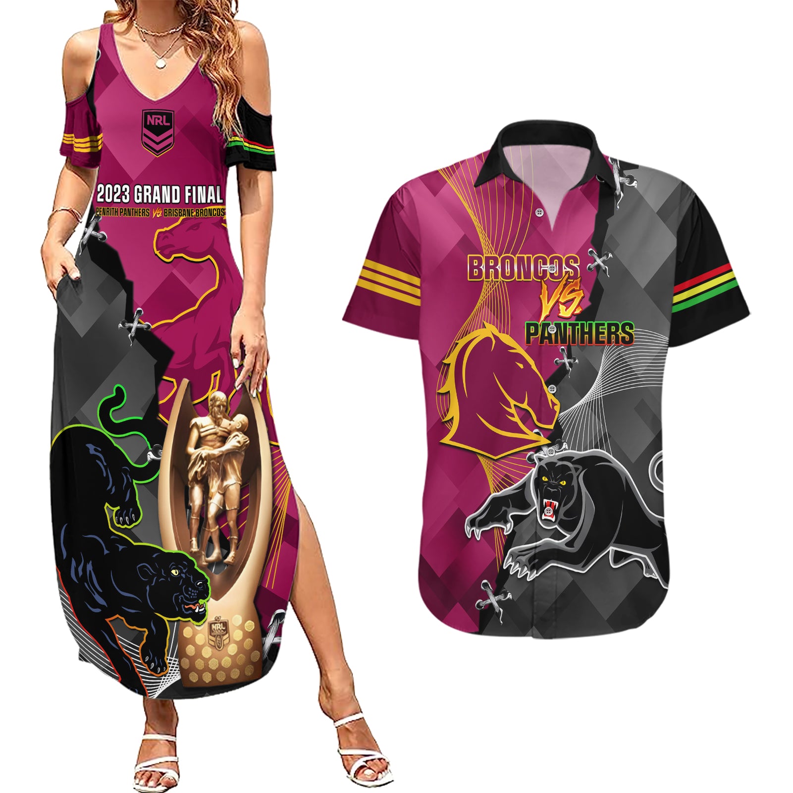 panthers-and-broncos-rugby-couples-matching-summer-maxi-dress-and-hawaiian-shirt-2023-grand-final-penrith-brisbane-together