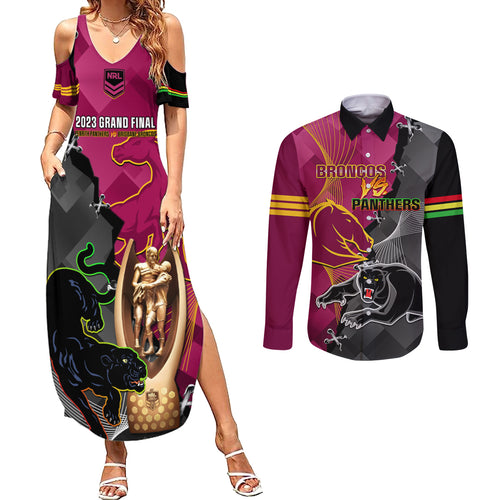 panthers-and-broncos-rugby-couples-matching-summer-maxi-dress-and-long-sleeve-button-shirts-2023-grand-final-penrith-brisbane-together