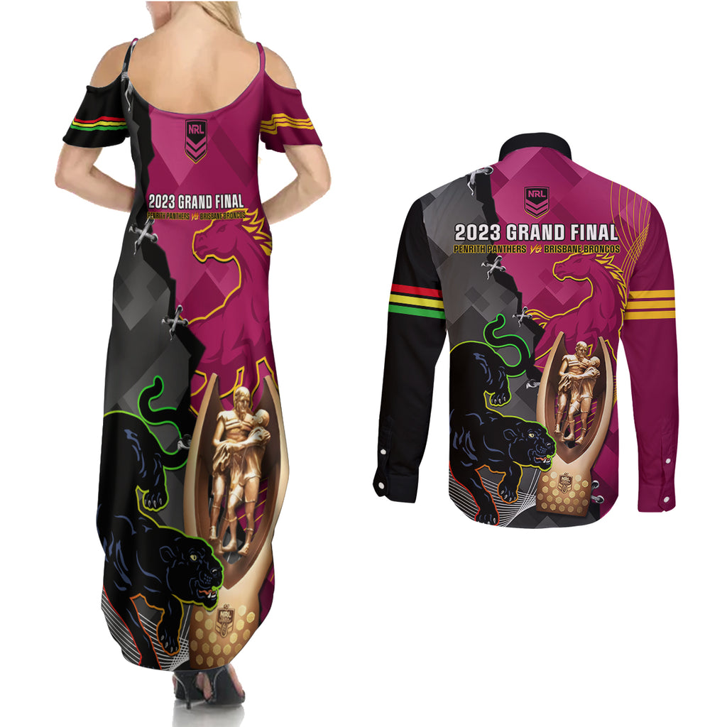 panthers-and-broncos-rugby-couples-matching-summer-maxi-dress-and-long-sleeve-button-shirts-2023-grand-final-penrith-brisbane-together