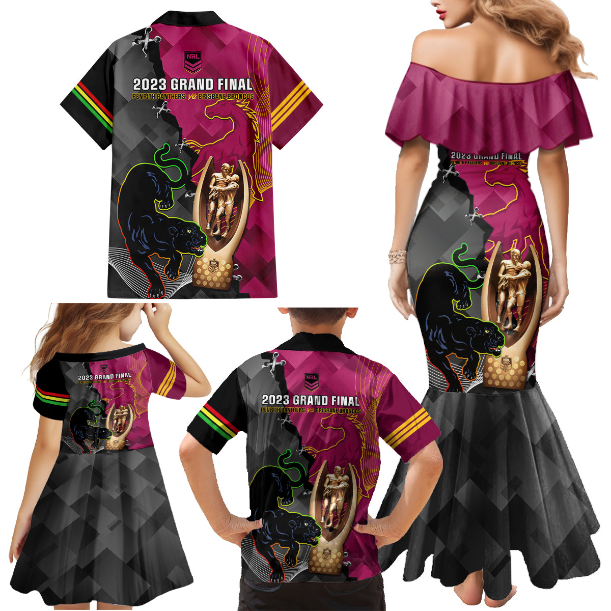 panthers-and-broncos-rugby-family-matching-mermaid-dress-and-hawaiian-shirt-2023-grand-final-penrith-brisbane-together