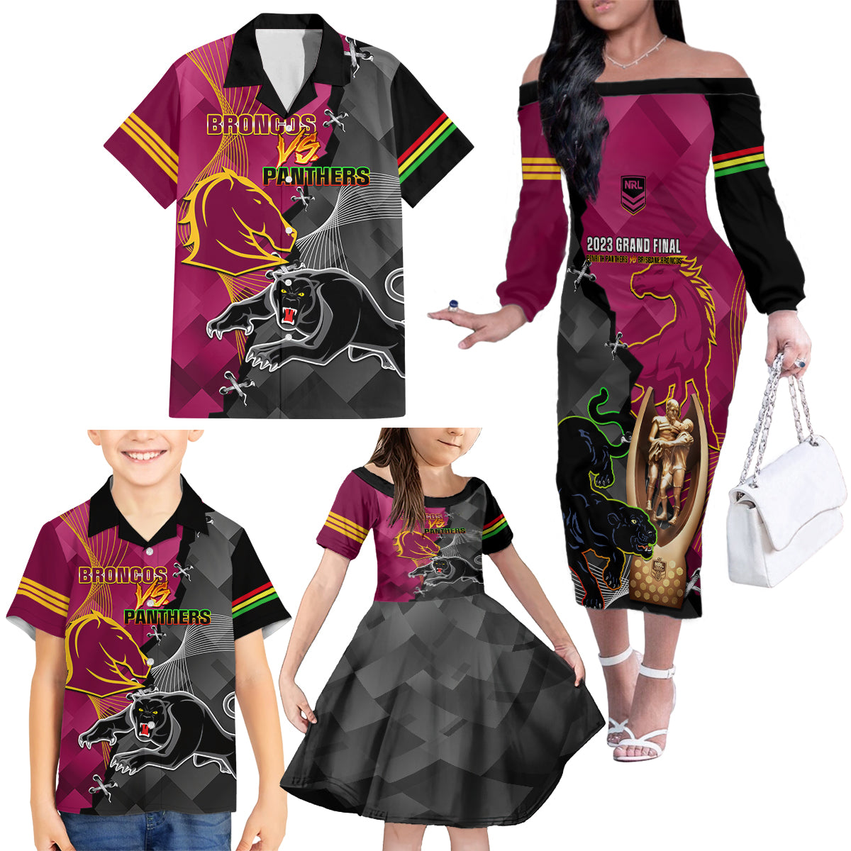 panthers-and-broncos-rugby-family-matching-off-shoulder-long-sleeve-dress-and-hawaiian-shirt-2023-grand-final-penrith-brisbane-together