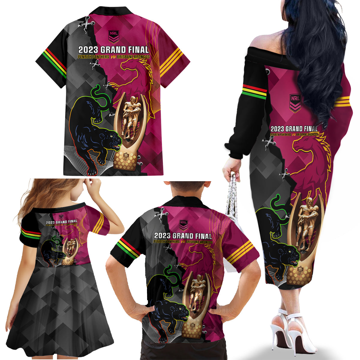 panthers-and-broncos-rugby-family-matching-off-shoulder-long-sleeve-dress-and-hawaiian-shirt-2023-grand-final-penrith-brisbane-together