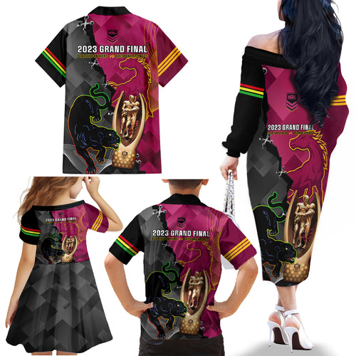 panthers-and-broncos-rugby-family-matching-off-shoulder-long-sleeve-dress-and-hawaiian-shirt-2023-grand-final-penrith-brisbane-together