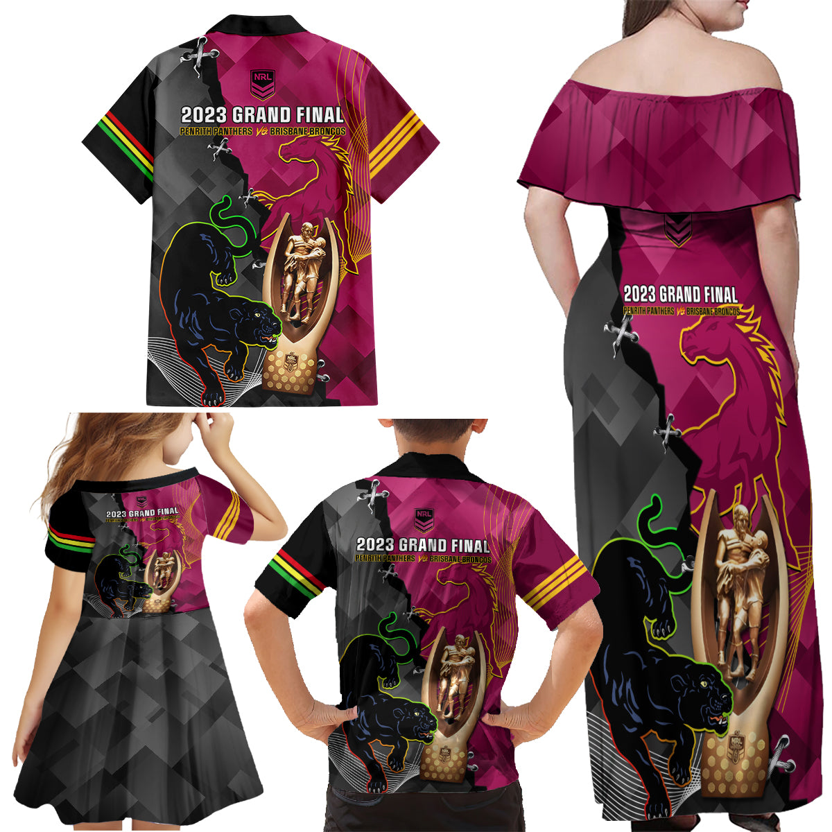 panthers-and-broncos-rugby-family-matching-off-shoulder-maxi-dress-and-hawaiian-shirt-2023-grand-final-penrith-brisbane-together