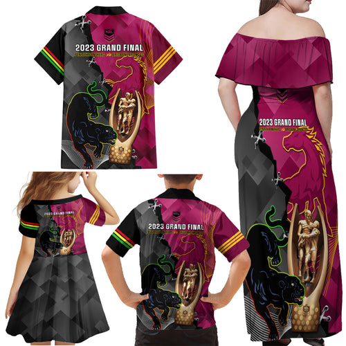 panthers-and-broncos-rugby-family-matching-off-shoulder-maxi-dress-and-hawaiian-shirt-2023-grand-final-penrith-brisbane-together