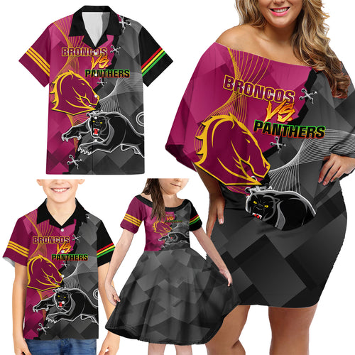 panthers-and-broncos-rugby-family-matching-off-shoulder-short-dress-and-hawaiian-shirt-2023-grand-final-penrith-brisbane-together