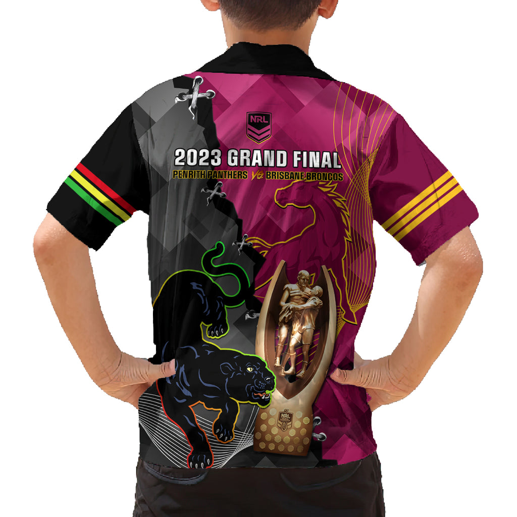 panthers-and-broncos-rugby-family-matching-off-shoulder-short-dress-and-hawaiian-shirt-2023-grand-final-penrith-brisbane-together