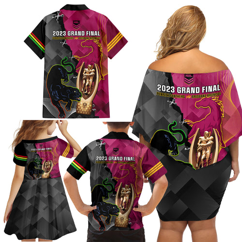 panthers-and-broncos-rugby-family-matching-off-shoulder-short-dress-and-hawaiian-shirt-2023-grand-final-penrith-brisbane-together